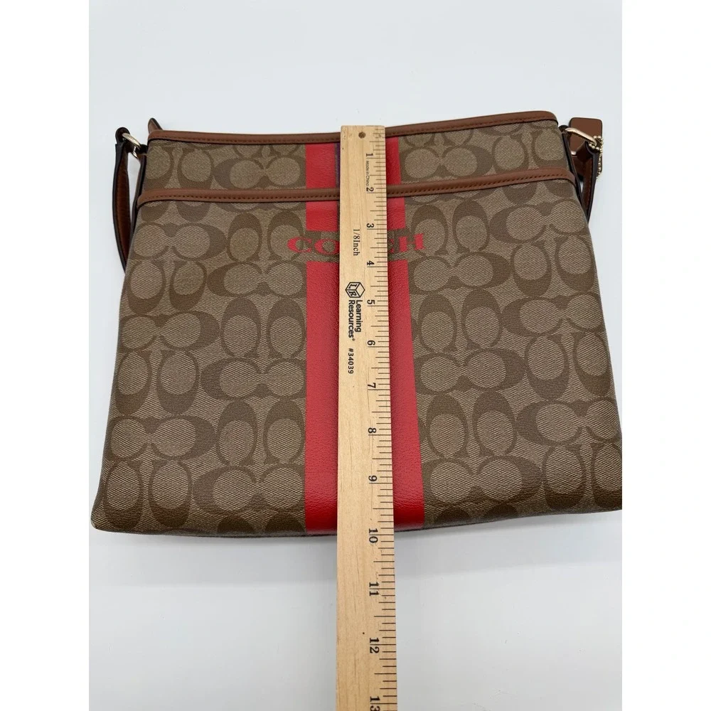 Coach Rowan File Bag Signature Canvas Varsity Stripe Brown Red Purple Crossbody